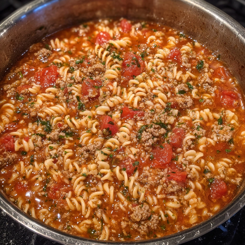 Gluten-free lasagna soup in a pot with a ladle inside.