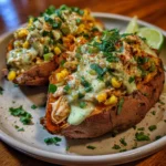 Green Chile Chicken Stuffed Sweet Potatoes With Lime Cottage Drizzle