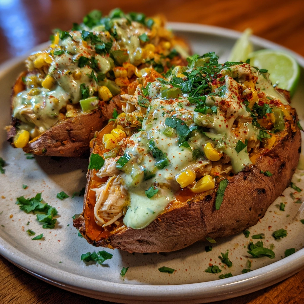 Green Chile Chicken Stuffed Sweet Potatoes With Lime Cottage Drizzle