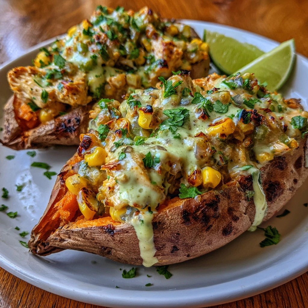 Green Chile Chicken Stuffed Sweet Potatoes With Lime Cottage Drizzle