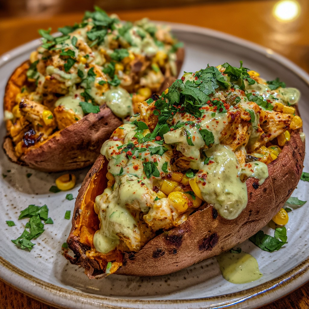 Green Chile Chicken Stuffed Sweet Potatoes With Lime Cottage Drizzle