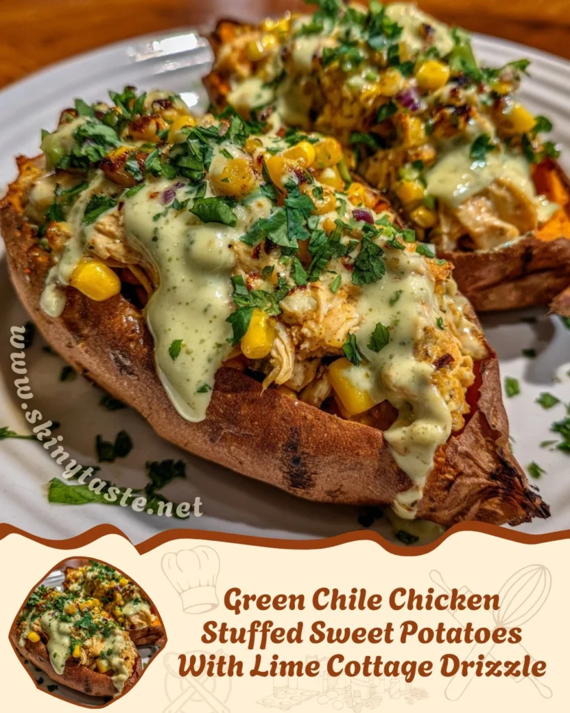 Green Chile Chicken Stuffed Sweet Potatoes With Lime Cottage Drizzle
