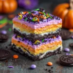 Halloween lush dessert with Oreo crust and purple-orange layers