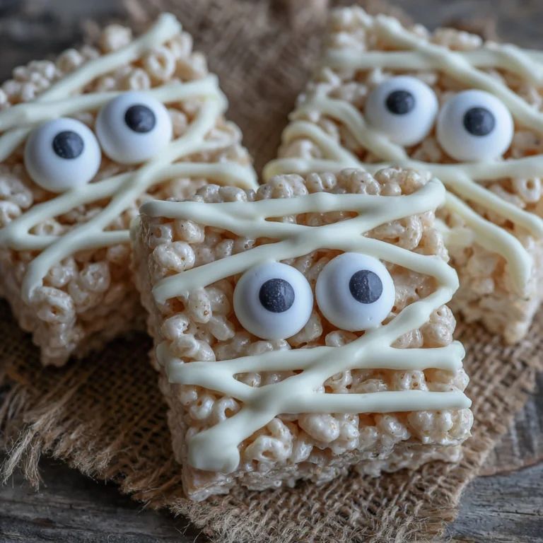 Rice Krispie mummies with white chocolate drizzle and candy eyes.