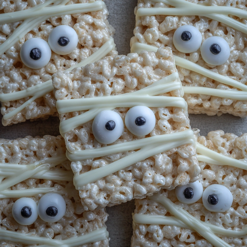 A tray of mummy Rice Krispie treats arranged neatly.