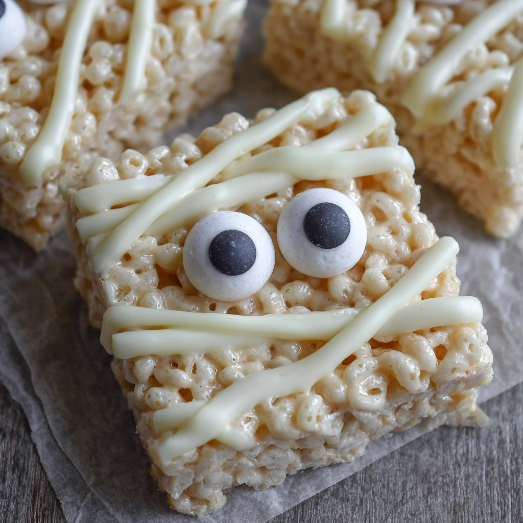 Mummy treats on parchment paper ready for Halloween.