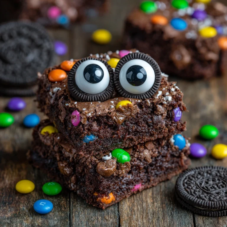 Monster mash brownies with candy eyes and Halloween candies