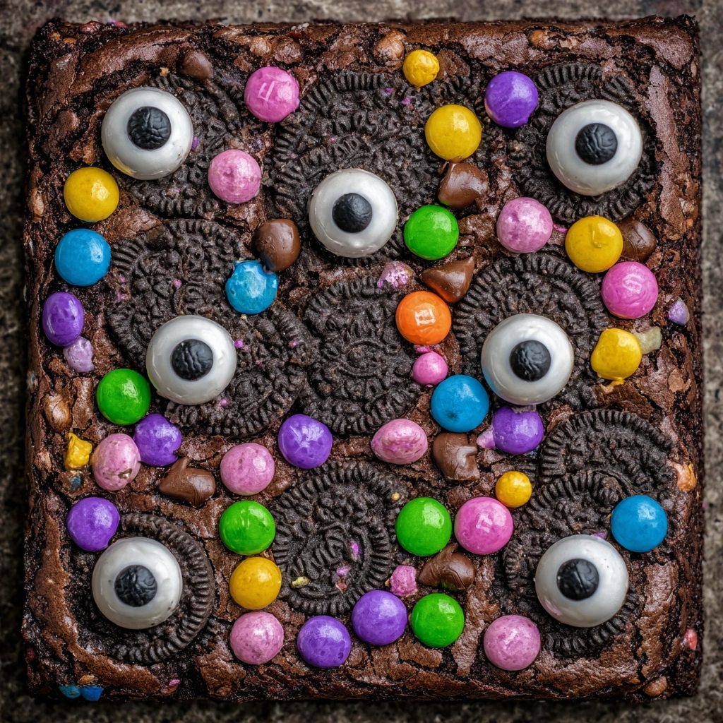 Close-up of spooky brownies with candy and cookie topping