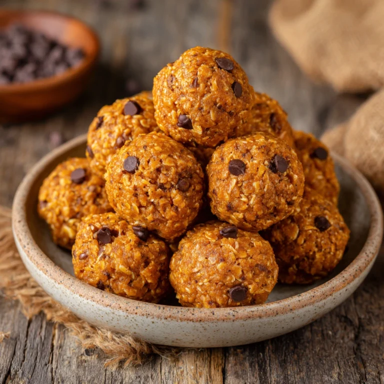 Pumpkin protein balls stacked on a plate with oats in the background.
