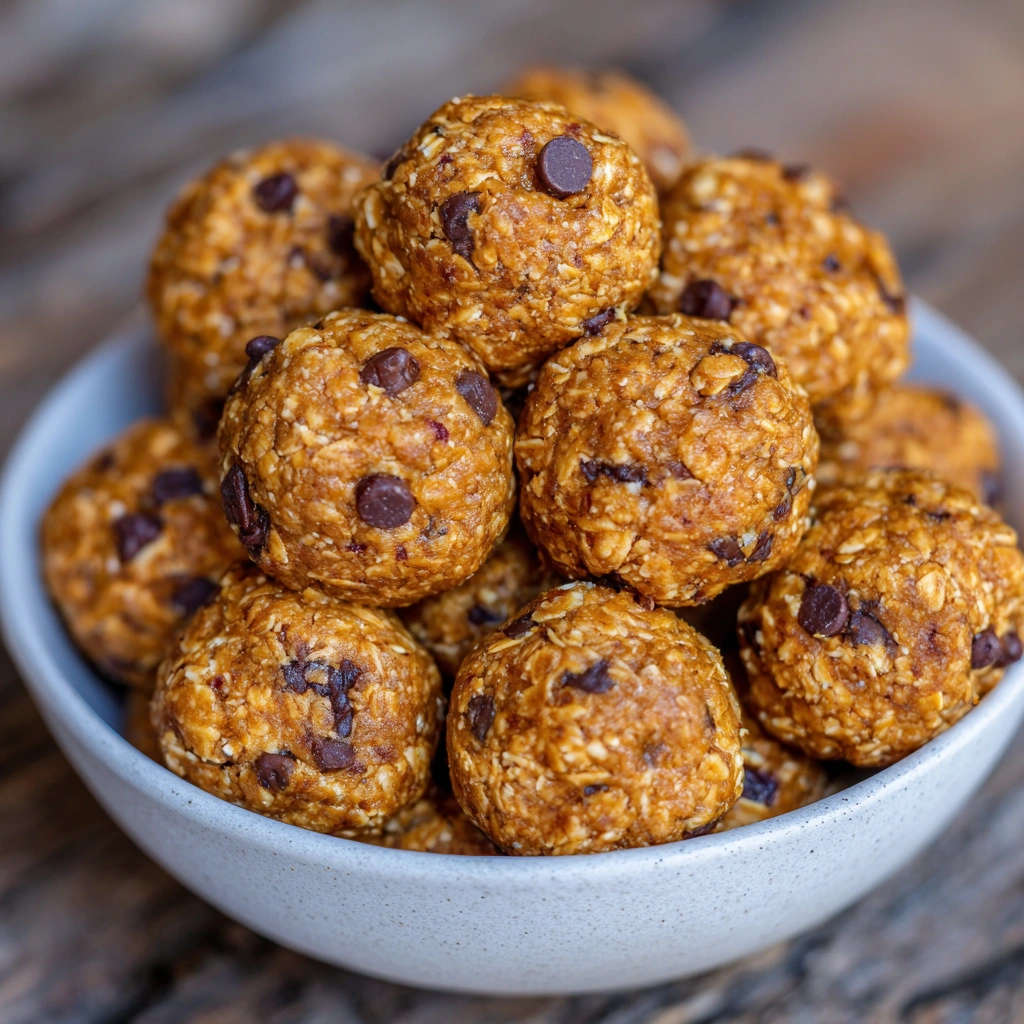 A hand holding a pumpkin protein bite with chocolate chips.