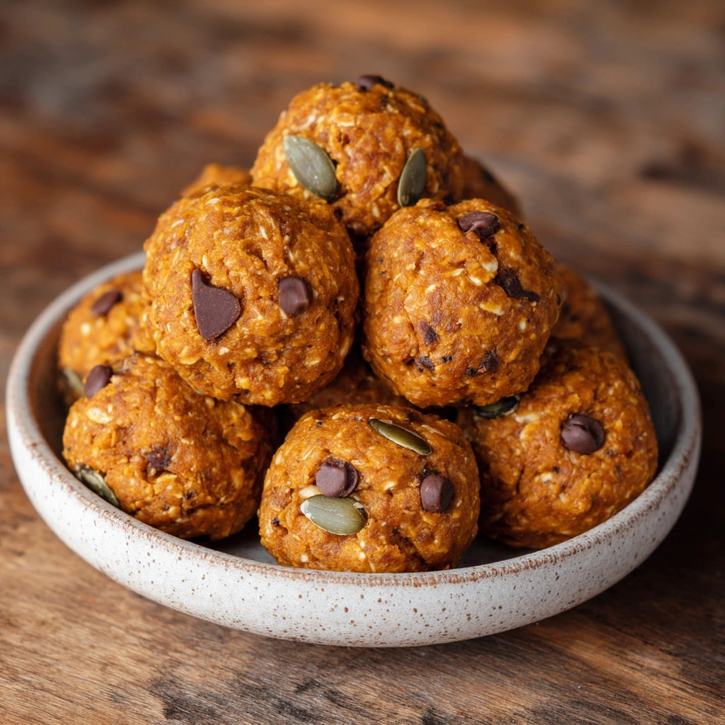 Pumpkin energy balls arranged on parchment paper with cinnamon sticks nearby.