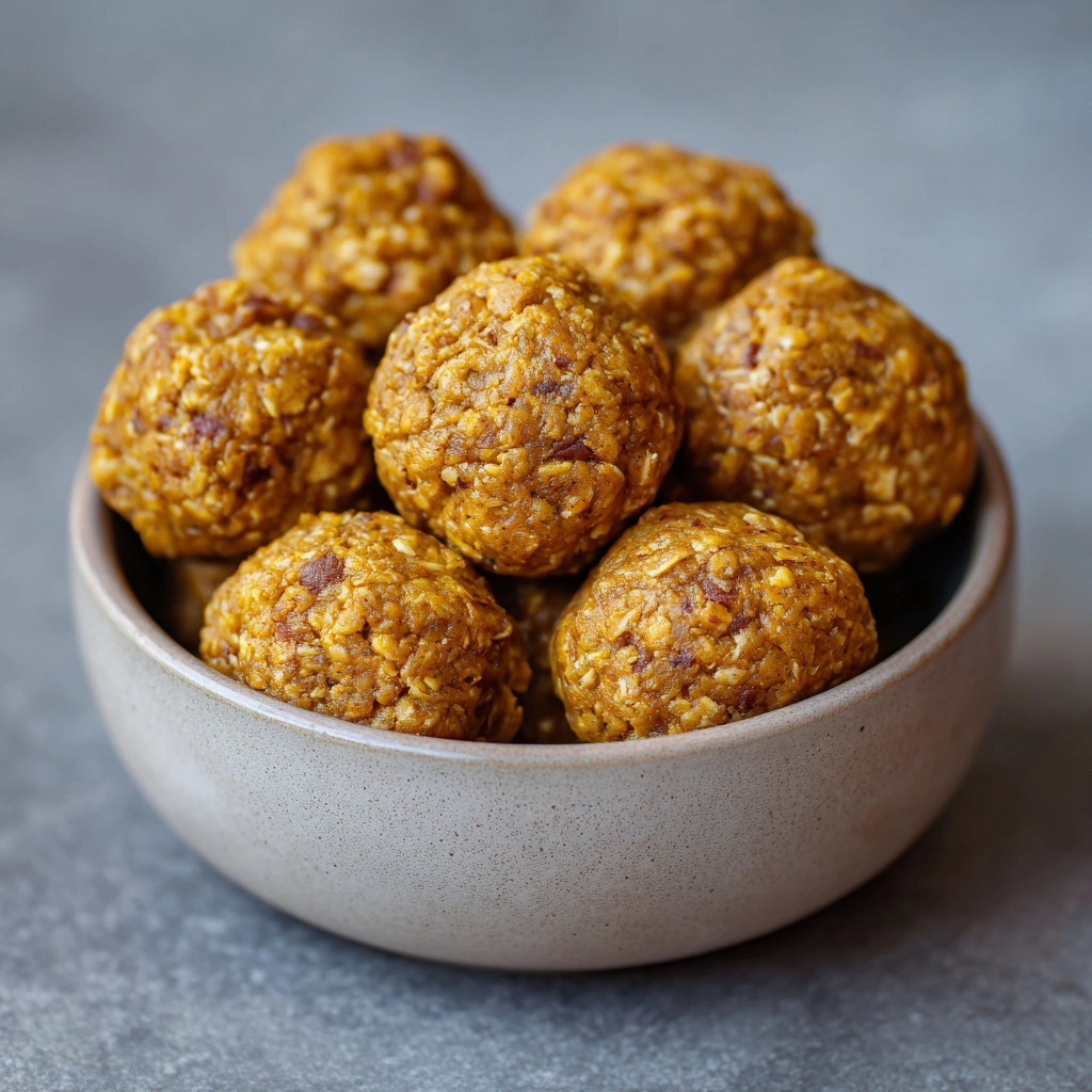Close-up of soft-textured pumpkin protein balls with chocolate chips.