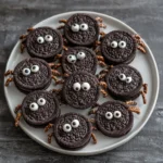 Oreo spider cookies with candy eyes and pretzel legs on a Halloween table.