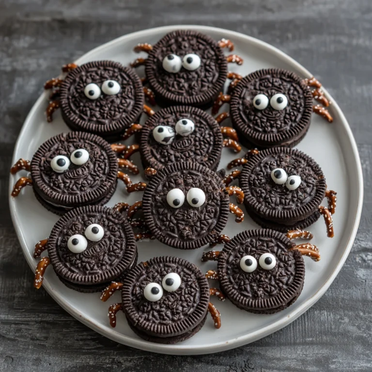 Oreo spider cookies with candy eyes and pretzel legs on a Halloween table.