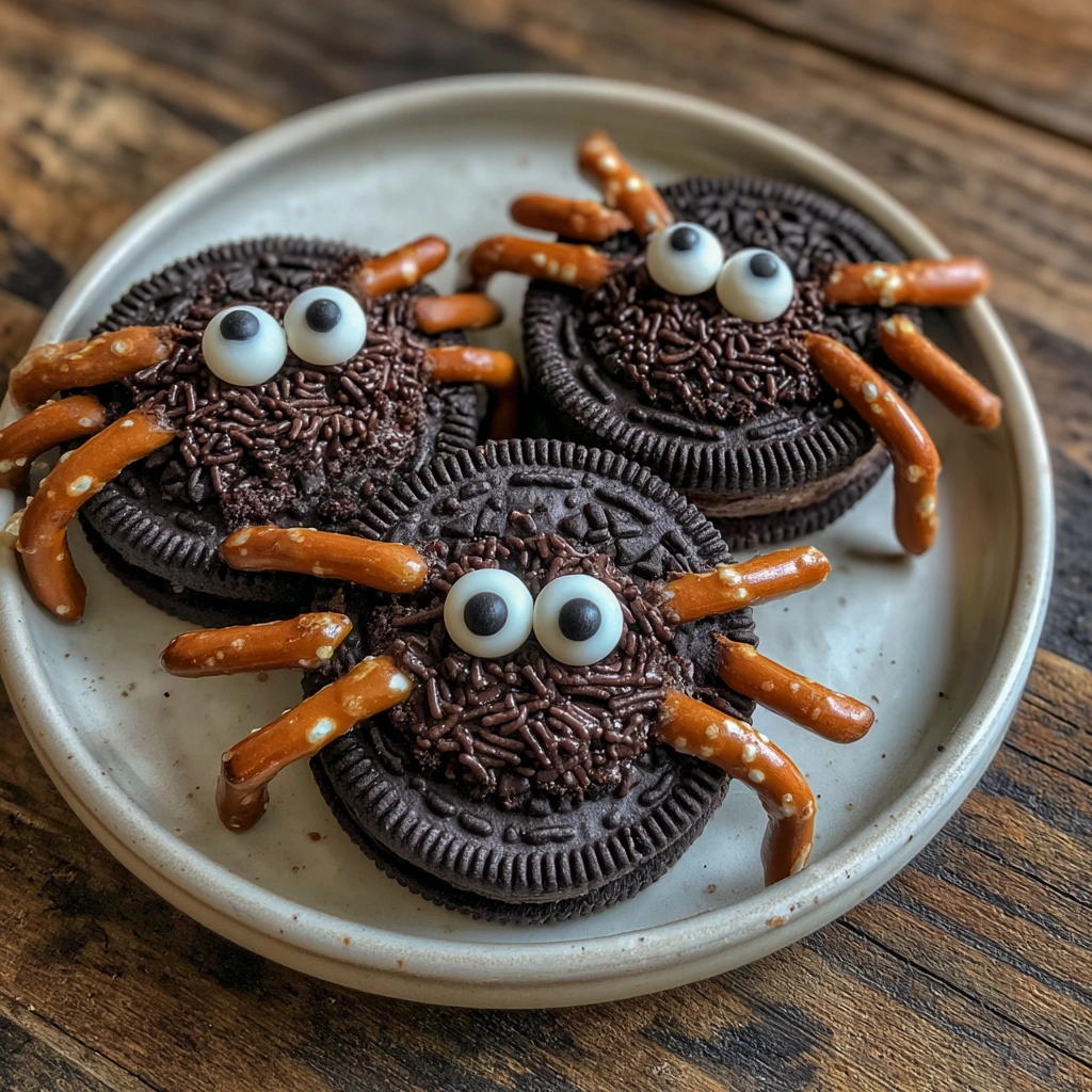 Close-up of spider cookies made from chocolate cookies and pretzels.
