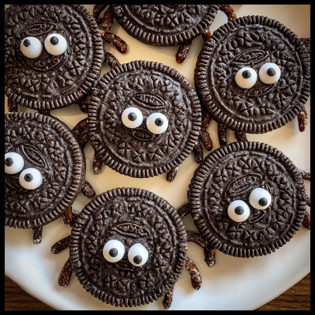A tray of Halloween spider cookies arranged like a web.