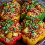 Colorful bell peppers stuffed with teriyaki chicken and pineapple
