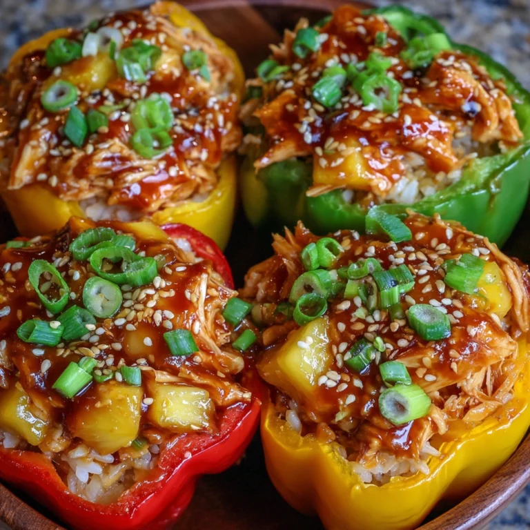 Colorful bell peppers stuffed with teriyaki chicken and pineapple
