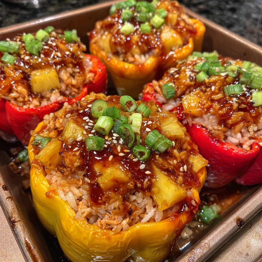 Baking dish filled with teriyaki stuffed peppers