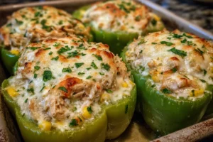 White Chicken Chili Stuffed Peppers with Cottage Cheese Queso