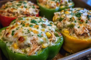 White Chicken Chili Stuffed Peppers with Cottage Cheese Queso