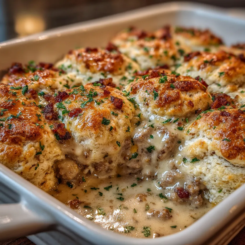 Biscuits and Gravy Casserole is Creamy Cozy Bold 1-Pan. 6 Biscuits and Gravy Casserole