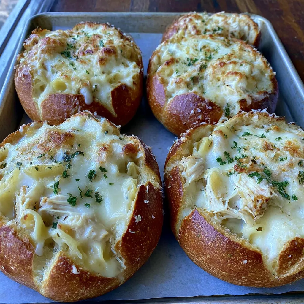 Chicken Alfredo Garlic Bread Bowls