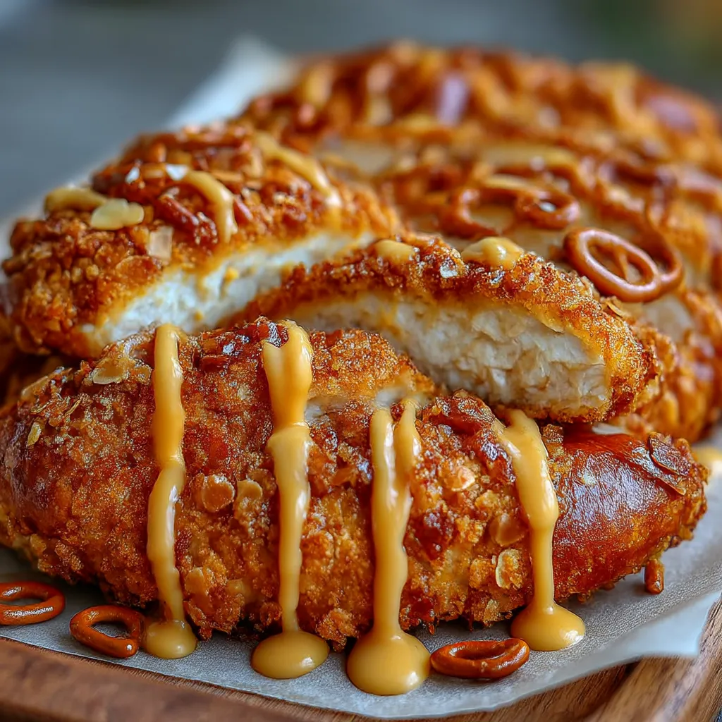 Crispy Pretzel Chicken with Creamy Mustard-Cheddar Sauce