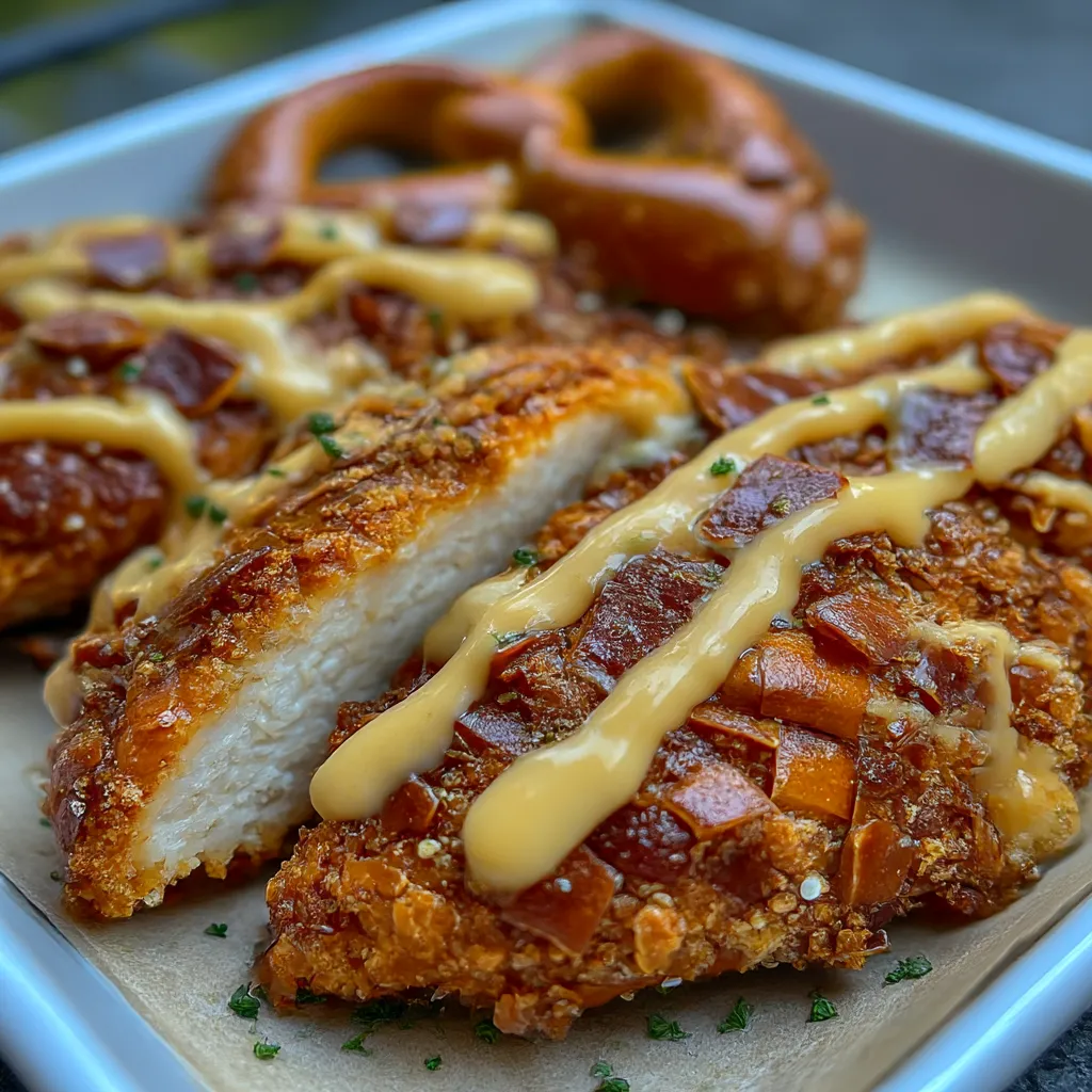 Crispy Pretzel Chicken with Creamy Mustard-Cheddar Sauce
