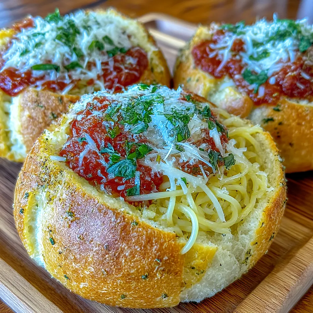Easy Spaghetti Garlic Bread Bowls