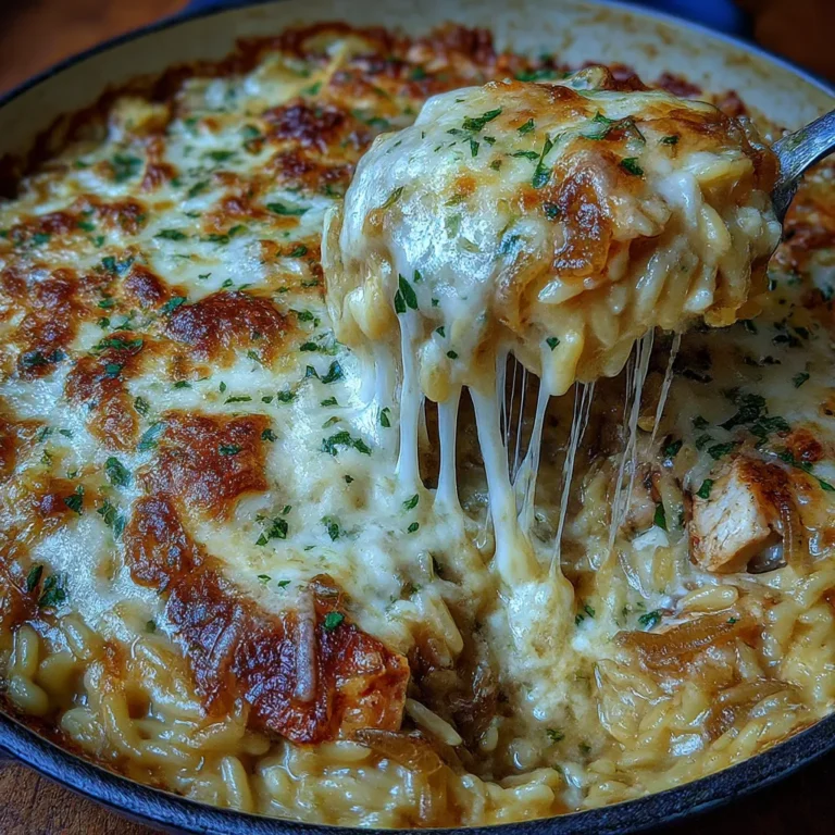 French Onion Chicken Orzo Casserole