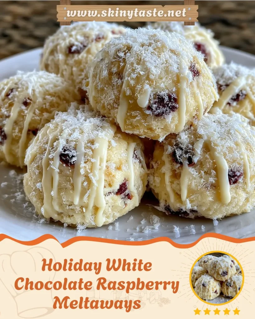Holiday White Chocolate Raspberry Meltaways Focus Keyword: Holiday White Chocolate Raspberry Meltaways Holiday White Chocolate Raspberry Meltaways are the kind of cookie that instantly evokes warm holiday gatherings, decorated tins passed among friends, and the comforting smell of butter and vanilla drifting through the kitchen. These cookies are soft, round, tender, and dusted with snowy flakes of white chocolate just as shown in the image. Each cookie features delicate raspberry streaks that peek through the surface, offering a vibrant contrast against the pale, buttery dough. The result is a treat that both looks festive and tastes luxurious, with a melt-in-your-mouth texture that makes them unforgettable. This long-form, SEO-optimized recipe article explores everything you need to know about these cookies: why they work so beautifully, how to make them perfectly, how to customize them, and how to store them for gifting and holiday entertaining. Why You’ll Love These Holiday White Chocolate Raspberry Meltaways Holiday White Chocolate Raspberry Meltaways deliver a harmony of buttery richness, berry brightness, and creamy white chocolate sweetness. They honor the nostalgic meltaway style that older generations often included in Christmas cookie tins, yet they feel elevated enough for modern baking. The texture is their biggest selling point. Unlike typical cookies that rely on browned edges or chewy centers, these meltaways are intentionally pale, delicate, and ultra-soft. They truly dissolve on the tongue, creating a luxurious feel with every bite. Raspberry jam folds into the dough in tender swirls that remain visible in the final cookie. Those ruby streaks not only contribute flavor, but also create a beautiful marbled appearance that looks as inviting as it tastes. White chocolate chunks add soft pockets of sweetness, and the final drizzle brings a glossy finish that makes the cookies look polished and professionally crafted. Here are more reasons you’ll love this recipe: the ingredient list is simple and familiar, making the cookies accessible for bakers at all levels; the dough requires no chilling and shapes easily; the cookies bake in just over ten minutes, allowing you to produce a large batch quickly; they’re ideal for holiday gifting, cookie exchanges, and festive dessert platters; and they store exceptionally well, maintaining their softness for days. They also balance sweetness beautifully. The raspberry provides tang, the white chocolate brings smoothness, and the buttery base adds richness without overwhelming the palate. Every detail works together to create a holiday treat you’ll want to make every year. Ingredients List Main Ingredients 1 cup butter, softened 1/2 cup powdered sugar 2 cups all-purpose flour 1 teaspoon vanilla extract 1/3 cup raspberry jam 1/2 cup white chocolate, chopped or chips Optional Add-Ins or Swaps Almond extract for a nutty aroma Freeze-dried raspberry powder for deeper berry flavor Lemon zest or orange zest for brightness Coconut flakes for extra texture Gluten-free 1:1 flour blend for dietary needs Strawberry or blackberry jam as alternative fruit options Sugar-free white chocolate Dark or semisweet chocolate for contrast Orange extract for winter citrus flair These options allow you to personalize the flavor profile while preserving the tender meltaway texture. Step-by-Step Instructions Preheat your oven to 350°F. Line a baking sheet with parchment paper. In a mixing bowl, beat the softened butter and powdered sugar until light, smooth, and fluffy. This forms the foundation of the meltaway texture. Add the vanilla extract and mix again until evenly incorporated. Gradually add the flour, mixing on low speed until a soft dough forms. The dough should be pliable, soft, and slightly dense. Gently fold in the raspberry jam. Keep the folds minimal so streaks remain visible rather than blending into a uniform pink dough. Add the white chocolate pieces, distributing them evenly without overworking the dough. Scoop out small portions using a tablespoon or cookie scoop and shape them into balls with your hands. Place the dough balls on the parchment-lined sheet with about one inch of space between them. Bake for 10 to 11 minutes. The cookies should remain pale; they should not brown. Let the cookies cool on the sheet for a few minutes, then transfer them to a cooling rack. Once cool, drizzle melted white chocolate on top and finish with finely grated white chocolate for a snowy effect. Pro Tips for Success Use butter that is fully softened but not melted. Melted butter will cause the cookies to spread. Powdered sugar contributes to the tender crumb, so do not substitute granulated sugar. Fold in the jam very gently; overmixing removes the visual swirl. For more pronounced raspberry flavor, add a tiny spoonful of jam to the top of each dough ball before baking. Keep baking time short. Browning reduces the meltaway effect. If your dough appears too crumbly, add a teaspoon of milk to bring it together. Allow the cookies to cool fully before adding any drizzle. Use good-quality white chocolate for smoother melting and cleaner drizzles. Serving Suggestions Holiday White Chocolate Raspberry Meltaways look beautiful on any cookie platter thanks to their snowy white tops and raspberry-speckled centers. They pair wonderfully with festive drinks like hot cocoa, peppermint lattes, spiced tea, or classic coffee. They are also perfect additions to Christmas cookie exchanges or office parties because they travel well and offer a flavor profile that stands out among traditional holiday cookies. For an elegant presentation, arrange them on a ceramic dessert plate or tiered stand alongside gingerbread cookies, chocolate truffles, and almond crescents. If you prefer a cozy approach, enjoy them warm with a blanket, a cup of tea, and holiday music in the background. They also crumble well over vanilla ice cream or pudding desserts. Their soft texture and mild sweetness make them versatile enough to accompany both simple and sophisticated winter menus. Variations Almond Raspberry Meltaways Replace the vanilla with almond extract and fold in a tablespoon of finely chopped almonds. This enhances the nutty undertone and pairs well with the raspberry. Lemon White Chocolate Meltaways Add the zest of one lemon to the dough. The lemon brightens the richness and creates a sunny counterpart to the creamy white chocolate. Coconut Snowball Meltaways Roll the dough balls in finely shredded coconut before baking for a snowy, wintry finish. Double Chocolate Raspberry Meltaways Use half white chocolate and half dark chocolate chunks. Drizzle with dark chocolate instead of white for rich contrast. Peppermint Raspberry Meltaways Add a tiny drop of peppermint extract and sprinkle crushed peppermint candies on top after drizzling the white chocolate. Each variation keeps the signature meltaway tenderness while offering a creative twist. Storage & Reheating Refrigeration Store cookies in an airtight container for up to five days. Use parchment between layers if you have added white chocolate drizzle. Freezing Freeze the cookies in single layers for up to two months. Thaw them at room temperature before serving. You can also freeze the dough balls and bake them straight from the freezer, adding one minute to the bake time. Reheating Meltaways do not typically require reheating. If desired, warm them in a 200°F oven for three to four minutes to soften the chocolate slightly without melting the cookie. The Holiday Tradition Behind Meltaway Cookies Holiday White Chocolate Raspberry Meltaways capture the essence of old-fashioned Christmas cookie traditions. Meltaway cookies were popular because they stood out among heavier sweets. They were tender, delicate, almost airy. Families often included them in cookie tins because they looked beautiful and tasted special without requiring elaborate decoration. These raspberry and white chocolate meltaways build upon that tradition with a contemporary twist. The raspberry adds a festive red color and fruity tang, while the white chocolate contributes richness and elegance. Their snowy appearance matches the winter season perfectly. Sharing meltaways has become a way to bring warmth into the homes of friends, neighbors, and loved ones, continuing a long-standing tradition of holiday generosity. The Science Behind Meltaway Texture The softness of meltaway cookies stems from the balance between fat, sugar, and flour. Powdered sugar contributes to a smooth, tender crumb because it dissolves quickly and does not create the crystalline structure that granulated sugar produces. Butter provides richness and prevents gluten development, resulting in a delicate dough that crumbles gently. The flour binds the dough just enough to hold its shape, while the raspberry jam adds both moisture and slight acidity. White chocolate introduces creamy pockets that enhance the melt-on-the-tongue sensation. Because the cookies bake at a moderate temperature and remain pale, their internal structure stays soft. Understanding these elements explains why small technique details—like gentle folding and avoiding overbaking—make such a difference. FAQs Can I use margarine instead of butter? Butter is essential for achieving the signature texture. Margarine will change the flavor and may cause spreading. Can I use fresh raspberries instead of jam? Fresh raspberries release too much liquid. Raspberry jam provides the right moisture and concentrated berry flavor. Why did my cookies spread? Your butter was likely too warm. Try chilling the shaped dough for ten minutes before baking. Can I double the recipe? Yes. Double all ingredients and fold in the jam in two portions for even distribution. Can these be mailed? Yes. Store them in tins with parchment layers and they will ship well. Final Thoughts Holiday White Chocolate Raspberry Meltaways are delightful, festive, and wonderfully nostalgic. With buttery softness, bright raspberry streaks, and creamy white chocolate details, they bring a sense of magic to any holiday gathering. They’re simple to prepare yet look sophisticated, making them ideal for gifting or displaying on a holiday dessert table. Whether you’re baking for family, sharing with friends, or stocking your freezer for December celebrations, these meltaways promise a beautiful blend of comfort, tradition, and seasonal flavor. Ready for the Tasty Recipes card JavaScript version as well? Just tell me to generate it!
