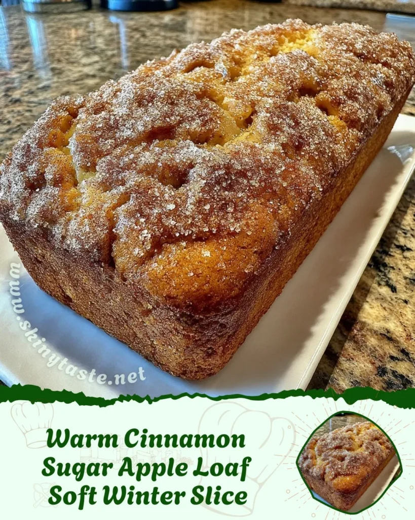 Warm Cinnamon Sugar Apple Loaf Soft Winter Slice The comforting aroma of apples, cinnamon, and warm sugar drifting from the oven is one of the greatest pleasures of winter baking. This Warm Cinnamon Sugar Apple Loaf Soft Winter Slice captures everything that feels cozy about cold-weather mornings and holiday afternoons. With its soft crumb, tender apple bits, and sparkling cinnamon-sugar crust, this loaf tastes like walking into a warm kitchen on a crisp December day. The texture is moist, plush, and delicately sweet, while the topping adds that irresistible crackle reminiscent of old-fashioned bakery loaves. If you’re searching for a seasonal quick bread that feels nostalgic, inviting, and incredibly easy to make, this recipe will quickly become a staple in your winter baking rotation. Why You’ll Love This Warm Cinnamon Sugar Apple Loaf This cinnamon apple loaf brings together the flavors we associate with winter comfort: apple, cinnamon, sugar, and a rich, tender crumb that’s soft enough to enjoy warm but sturdy enough to slice beautifully. The balance of flavor and texture is what makes this loaf so reliable and so beloved. A few key reasons this loaf stands out: Soft, moist crumb without being heavy. The oil and milk in the batter help create a tender texture that stays moist for days. Crunchy cinnamon-sugar top. As the loaf bakes, the topping melts, caramelizes, and sets into a sweet crust that contrasts perfectly with the soft interior. Simple, accessible ingredients. Everything in the recipe is pantry-friendly and budget-friendly. No fancy mixers or specialty ingredients needed. Perfect winter flavor profile. Apples and cinnamon are timeless cold-weather flavors that feel warm and comforting. Extremely versatile. Easy to adapt with nuts, spices, dried fruit, glazes, or even conversions into muffins. Great for gifting, brunch, or afternoon coffee. This loaf looks beautiful, travels well, and tastes even better the next day. Beginner-friendly. If you’re new to baking, this is a foolproof recipe that yields impressive results. Freezer-friendly and meal-prep friendly. You can bake the loaf, freeze slices, and enjoy homemade quick bread anytime. Ingredients List This recipe uses straightforward ingredients, but each one contributes to the loaf’s overall flavor and texture. Quality matters, especially with the apples, which bring natural sweetness and moisture. Main Ingredients 2 cups all-purpose flour 3/4 cup granulated sugar 2 teaspoons baking powder 1/2 teaspoon ground cinnamon (in the batter) 1/2 cup vegetable oil (or any neutral oil) 2 large eggs 3/4 cup milk 1 cup diced apples (peeled and diced small) 1/4 cup granulated sugar (for topping) 1 teaspoon ground cinnamon (for topping) Ingredient Notes & Ideal Choices Flour: Standard all-purpose flour gives the loaf structure while still allowing for a tender crumb. Avoid bread flour, which can create a tough texture. Sugar: White sugar keeps the crumb light, clean, and fragrant. Brown sugar can be substituted but will darken the loaf and create a deeper caramel flavor. Apples: Choose firm apples that hold shape while baking. Honeycrisp, Fuji, Granny Smith, and Pink Lady are excellent options. Oil: Oil keeps the loaf soft longer than butter and mixes easily. However, butter can be used for a richer flavor. Milk: Whole or 2% milk works best for moisture and tenderness. Cinnamon: Use high-quality ground cinnamon for maximum warmth. Saigon cinnamon gives a stronger, sweeter punch. Optional Add-Ins & Ingredient Swaps This loaf is extremely adaptable. These additions and substitutions allow you to tailor the flavor profile to different seasons, diets, or preferences. Add 1/2 cup chopped pecans or walnuts for added crunch. Add 1/3 cup raisins or dried cranberries for sweet-tart pops of flavor. Replace 1/4 cup of milk with sour cream or Greek yogurt for a more tender crumb. Add a teaspoon of vanilla extract or maple extract. Substitute half the sugar with brown sugar for a deeper caramel-like flavor. Use applesauce in place of half the oil for a lighter version. Swap the cinnamon-sugar topping for a streusel crumb topping. Use almond milk for a dairy-light version. Add a pinch of nutmeg or clove for a more spiced winter loaf. Make it gluten-free using a 1:1 gluten-free baking blend. Step-by-Step Instructions This loaf is incredibly simple to make, but technique matters when creating an even crumb and ensuring the topping stays beautifully crisp. Preheat the oven to 350°F (175°C). Grease a 9×5-inch loaf pan well. For easiest removal, line with parchment paper and let the edges hang over. Mix the dry ingredients. In a medium bowl, whisk together the flour, sugar, baking powder, and cinnamon until fully combined. This helps prevent pockets of dry ingredients. Prepare the wet ingredients. In a separate bowl, whisk the eggs until lightly beaten. Add the oil and milk, whisking until smooth and cohesive. Combine wet and dry. Pour the dry mixture into the wet ingredients. Fold gently with a spatula, mixing only until no dry streaks remain. Overmixing will lead to a dense loaf. Add the apples. Fold in the diced apples, distributing them evenly throughout the batter so each slice has tender apple bites. Transfer to the loaf pan. Pour batter into the prepared pan and smooth the top. Prepare the topping. Mix the 1/4 cup granulated sugar and 1 teaspoon ground cinnamon. Sprinkle generously over the top. Bake for 50–60 minutes. The loaf is done when the top springs back lightly, a toothpick tests clean, or the center reaches about 205°F internally. Cooling. Let the loaf cool in the pan for 10–15 minutes, then remove and transfer to a wire rack to finish cooling. Serve warm or at room temperature. Pro Tips for Perfect Results Every Time Use small, evenly cut apple pieces. Larger pieces will create heavy wet spots; smaller pieces integrate smoothly. Measure flour correctly. Spoon it into the cup and level it off to avoid packing in too much. Avoid overmixing. Once the flour goes in, fold gently until just combined. Place pan in the center of the oven. This allows the loaf to rise evenly. Tent with foil if needed. If the topping browns too quickly, place a piece of foil loosely on top. Use parchment for clean removal. The topping can make the loaf fragile on top, so this helps preserve its shape. Let it rest before slicing. Slicing while too warm may cause crumbling. Weigh ingredients for best results. Flour in particular can vary widely by volume. Serving Suggestions This loaf is versatile enough to serve in a variety of settings throughout the winter season. Warm a slice and spread with butter or cinnamon-honey butter. Serve alongside a latte, hot cocoa, or spiced chai. Pair with scrambled eggs for a sweet-savory weekend breakfast. Add to a holiday brunch board with fruit and whipped ricotta. Top with vanilla ice cream and caramel sauce for dessert. Toast lightly for a caramelized, crisp-edged treat. Serve with apple compote or cinnamon-maple whipped cream. Include in a holiday gift basket with homemade jams or tea. Delicious Variations 1. Autumn Harvest Apple Loaf Add dried cranberries, chopped walnuts, and a dash of nutmeg for a fall-inspired upgrade. 2. Cinnamon Streusel Apple Bread Replace the topping with a crumb mixture of butter, brown sugar, flour, and cinnamon for a bakery-style loaf. 3. Maple Apple Loaf Add 2 tablespoons maple syrup to the batter and drizzle with maple glaze after cooling. 4. Caramel Apple Loaf Swirl caramel sauce into the batter before baking for a dessert-style loaf. 5. Apple Almond Loaf Add almond extract and top with sliced almonds before baking. 6. Apple Pie Spice Loaf Use apple pie spice instead of cinnamon for a warm, rounded flavor. 7. Brown Sugar Cinnamon Apple Loaf Swap all topping sugar for brown sugar for a deeper color and flavor. Storage & Reheating Room Temperature Store loaf in an airtight container for up to 2 days. The topping stays crisp and the crumb stays moist. Refrigerator Lasts up to 5 days; allow slices to come to room temperature before serving. Freezer Wrap slices individually in plastic wrap, then place in a freezer-safe container. Freezes up to 3 months. Reheat Options Microwave a slice for 10–15 seconds. Warm in a toaster oven at 325°F for 5 minutes for a crisp-topped slice. Reheat whole loaf wrapped in foil at 300°F for 10–12 minutes. Extra Section: The Science Behind a Perfect Quick Bread Quick breads like this cinnamon apple loaf rely on a combination of chemical leavening, liquid content, fat, and sugar balance to create the ideal crumb. Baking powder performs most of the lift, and its reaction is triggered by the moisture and heat. Oil creates tenderness, and sugar helps retain moisture throughout the baking process. Apples contribute both moisture and structure, but if cut too large they can weigh the loaf down. Cinnamon not only adds flavor but enhances the perception of sweetness without needing to increase sugar content. Understanding this chemistry helps ensure success every time you bake. Extra Section: Choosing the Best Apples for Baking Not all apples behave the same in the oven. Firm, slightly tart apples hold their structure best and balance the sweetness of the loaf. Honeycrisp, Fuji, Gala, Granny Smith, and Pink Lady varieties are excellent options. Softer apples like Red Delicious can collapse into mush, altering the loaf’s moisture and texture. Peel the apples to avoid chewy skins and dice into evenly sized cubes for uniform distribution. The fresher the apple, the juicier the result, so if your apples are extra juicy, lightly pat them dry before folding into the batter. FAQs Can I use whole wheat flour? Yes, but replace only half the all-purpose flour or the loaf may become dense. Can I use almond or oat milk? Yes, almond milk works perfectly. Oat milk adds slight sweetness. Can I double this recipe? Absolutely. Bake in two loaf pans or convert to a 9×13 pan and reduce baking time. Why did my loaf sink? This can happen if the loaf is underbaked, if the oven temperature is too low, or if too much liquid was added. Can I turn this recipe into muffins? Yes! Bake at 350°F for 18–22 minutes. Final Thoughts This Warm Cinnamon Sugar Apple Loaf Soft Winter Slice is everything a winter baked good should be—simple, aromatic, comforting, and irresistibly delicious. With its soft crumb, tender apple pieces, and sparkling cinnamon-sugar crust, it brings warmth to any cold day. Whether it’s part of a weekend brunch spread, an afternoon coffee treat, or wrapped up as a thoughtful homemade gift, this loaf is a guaranteed crowd-pleaser. Try it once, and it will become a recipe you look forward to making every winter.