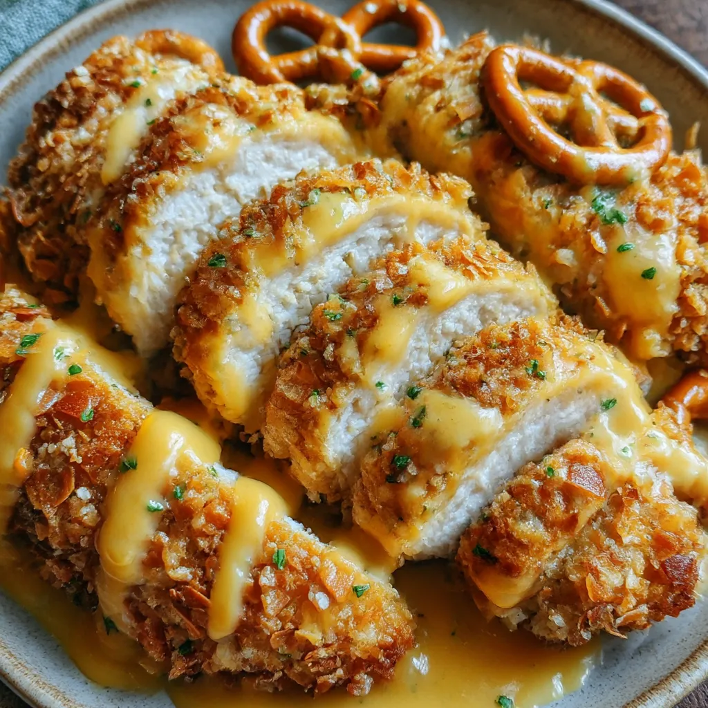Pretzel Chicken with Mustard-Cheddar Sauce