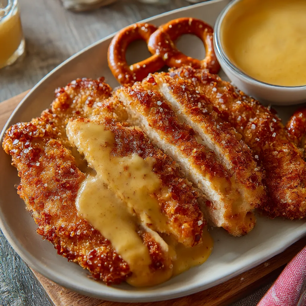 Pretzel Chicken with Mustard-Cheddar Sauce