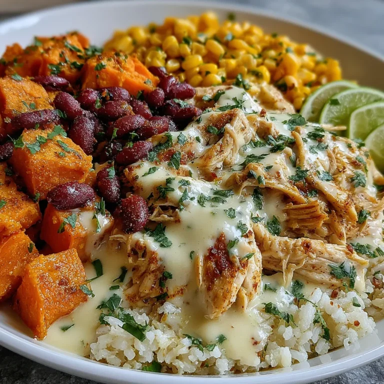 White Chicken Chili Burrito Bowls with Roasted Sweet Potatoes and Queso Drizzle