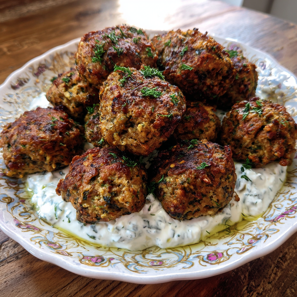 Baked Greek Lentil Meatballs with Tzatziki