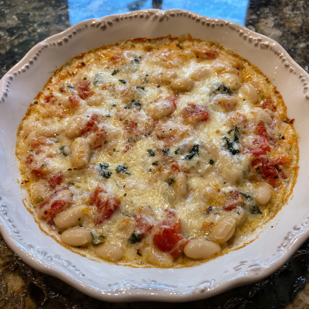 Hearty Cheesy White Bean Tomato Bake