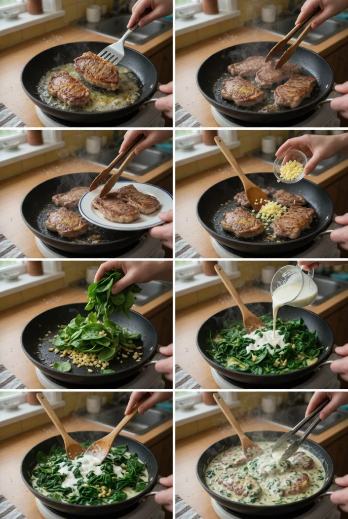 Boneless Beef Chops in Creamy Garlic Spinach Sauce