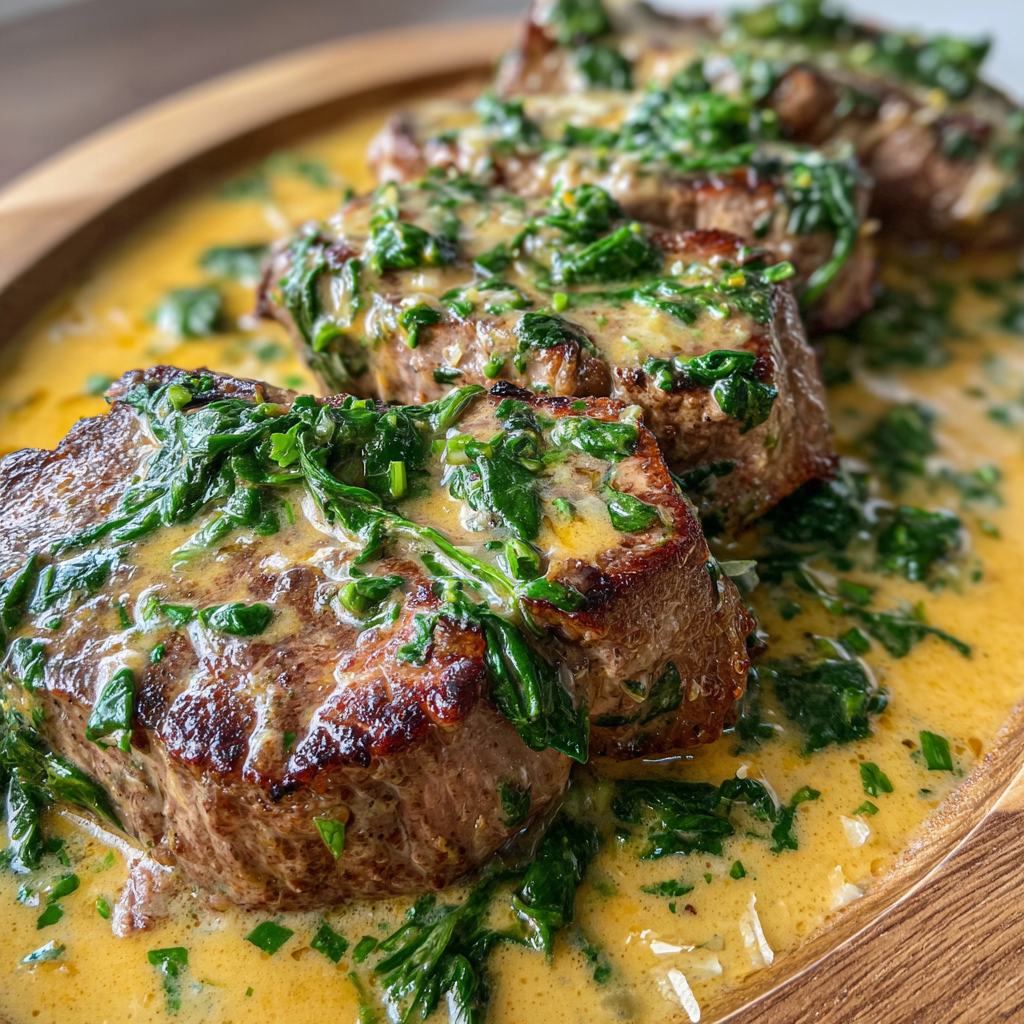 Boneless Beef Chops in Creamy Garlic Spinach Sauce