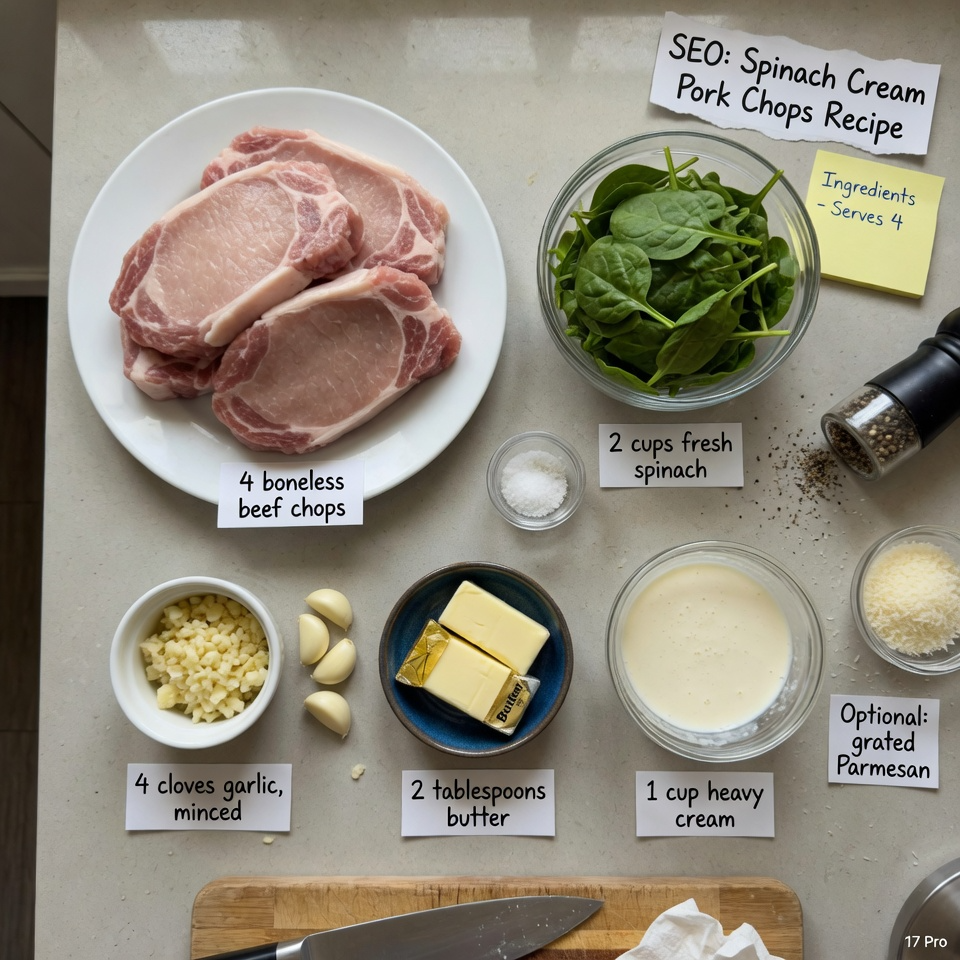 Boneless Beef Chops in Creamy Garlic Spinach Sauce