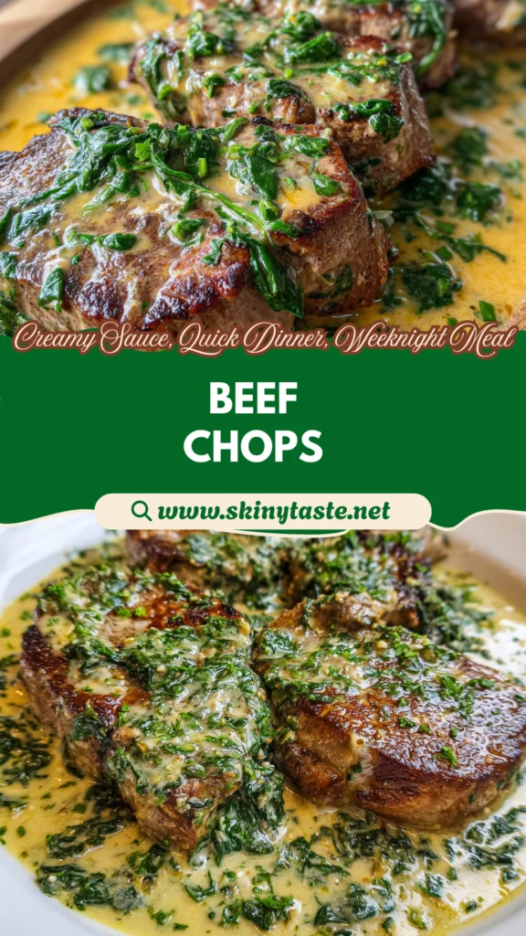 Boneless Beef Chops in Creamy Garlic Spinach Sauce