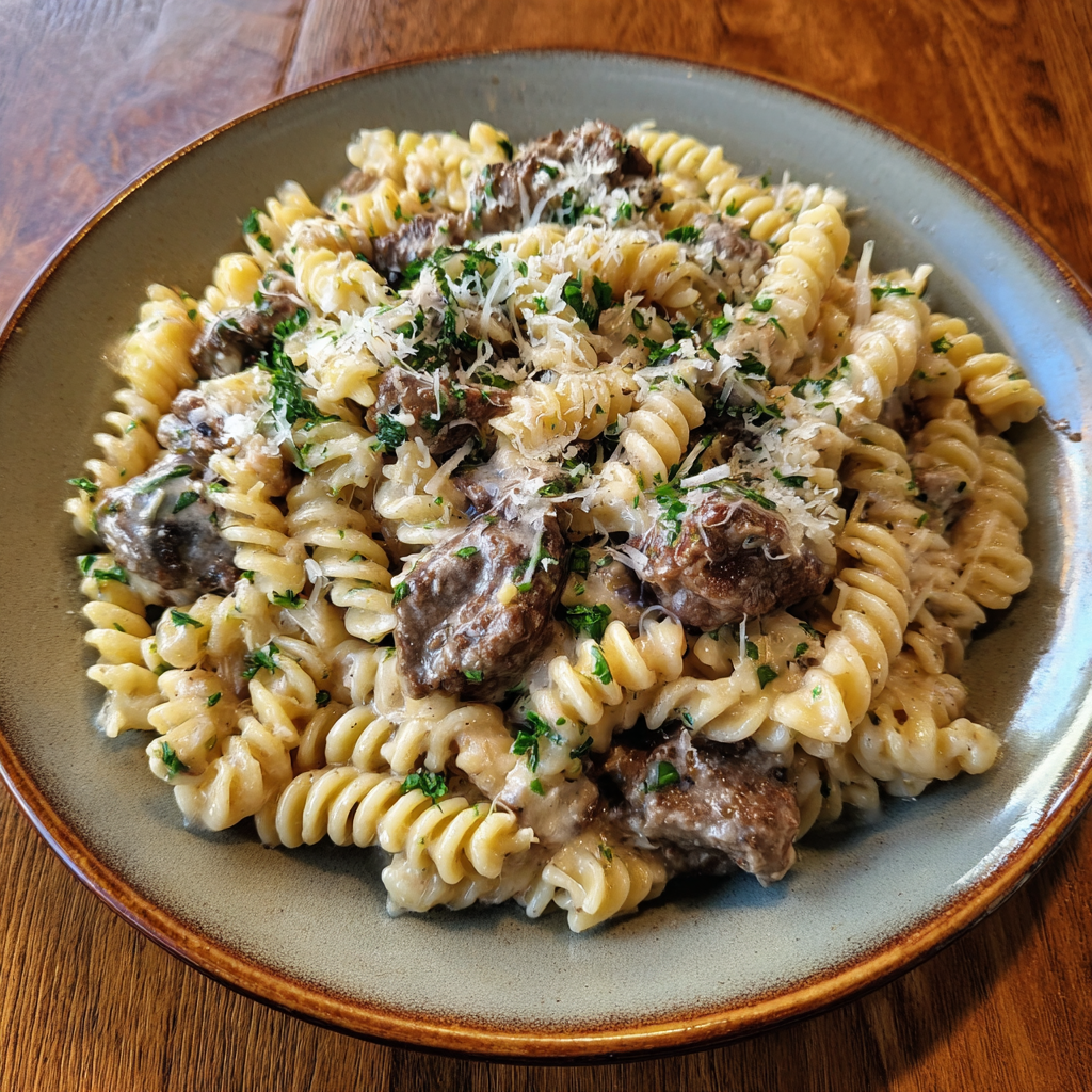 Creamy Garlic Parmesan Beef Pasta