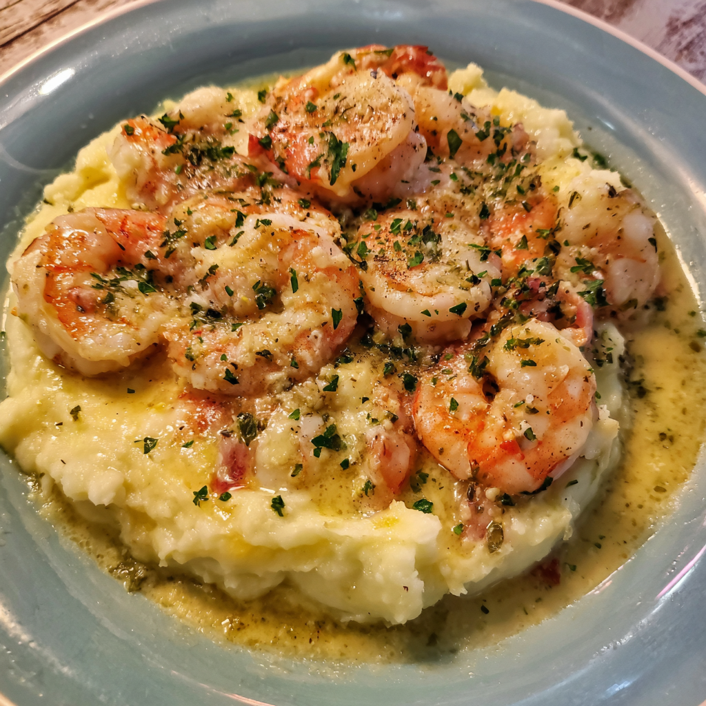 Creamy Garlic Shrimp Over Mashed Potatoes