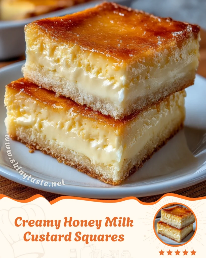 Creamy Honey Milk Custard Squares Creamy Honey Milk Custard Squares are the kind of old-fashioned homemade dessert that instantly feels comforting from the very first bite. Soft, creamy, lightly sweet, and beautifully golden on top, these custard squares sit somewhere between a baked custard, milk cake, and delicate dessert bar. The texture is smooth and creamy in the center with just enough structure to slice into soft squares that practically melt as you eat them. This recipe proves that simple ingredients can create something truly special. Milk keeps the custard rich yet light, honey adds gentle warmth and depth, and the baked top turns lightly golden with a soft caramelized finish that makes every slice look bakery-worthy. What makes these custard squares especially appealing is how calming and nostalgic they feel. They are not overly sweet or heavy. Instead, they deliver that soft homemade flavor people often crave when they want a dessert that feels cozy, familiar, and relaxing. These creamy custard squares work beautifully for dessert, brunch, afternoon coffee, tea time, or chilled late-night treats. They are easy to make, budget friendly, and incredibly elegant despite requiring only a handful of pantry staples. If you love soft milk desserts, baked custards, honey cakes, or creamy old-fashioned sweets, this recipe deserves a permanent spot in your kitchen. Why You’ll Love These Creamy Honey Milk Custard Squares There are many reasons this recipe has such timeless appeal. Every bite feels soft, creamy, comforting, and beautifully simple. Smooth Creamy Texture The center stays silky and custard-like while the edges develop just enough structure for slicing. Light Honey Sweetness Honey gives the dessert warmth and gentle sweetness without overpowering the milk flavor. Beautiful Golden Top As the custard bakes, the top develops a glossy golden finish that looks naturally elegant. Simple Pantry Ingredients You only need a few inexpensive everyday ingredients to create this dessert. Perfect Make-Ahead Treat These squares chill beautifully and taste even better after resting. Wonderful Warm or Cold Serve them slightly warm for soft creamy comfort or chilled for a firmer custard texture. Before starting, having the right kitchen tools ready helps make the process smooth and relaxing. Equipment Needed One of the best parts about this recipe is how uncomplicated it feels. You do not need fancy equipment or complicated techniques to achieve beautiful results. Mixing Bowls You will need one large bowl for combining the ingredients smoothly. Whisk A whisk helps create a silky custard batter without lumps. Measuring Cups and Spoons Accurate measurements help maintain the delicate custard texture. Fine Sifter Helpful for sifting the flour evenly into the mixture. Baking Dish An 8x8-inch square baking dish works perfectly for soft thick custard squares. Cooling Rack Allows the dessert to cool evenly before slicing. Sharp Knife A clean sharp knife creates smooth beautiful custard squares. Once the equipment is ready, it is time to gather the simple ingredients that create this soft creamy dessert. Ingredients for Creamy Honey Milk Custard Squares Main Ingredients 3 eggs 1/2 cup sugar 2 tablespoons honey 2 1/2 cups milk 1 cup flour Pinch of salt Optional Flavor Additions These additions can create subtle flavor variations while keeping the creamy texture intact. Vanilla extract Cinnamon Nutmeg Lemon zest Orange zest Powdered sugar topping Extra honey drizzle Each ingredient plays an important role in building the smooth creamy texture and delicate flavor. Eggs Eggs help the custard set softly while keeping the texture rich and silky. Milk Milk creates the creamy center and gives the dessert its delicate softness. Honey Honey brings warmth and depth that makes the sweetness feel gentle and comforting. Flour Flour adds enough structure for slicing while still allowing the center to stay creamy. Sugar Sugar balances the milk and honey while enhancing the custard flavor. Now that the ingredients are ready, it is time to prepare the custard squares. How to Make Creamy Honey Milk Custard Squares This recipe comes together with simple mixing and gentle baking. The process feels calm and approachable, which fits the comforting nature of the dessert itself. Step 1: Prepare the Oven and Pan Preheat the oven to 350 degrees Fahrenheit. Lightly grease or line an 8x8-inch baking dish with parchment paper. Preparing the pan first helps everything move smoothly once the batter is mixed. Step 2: Whisk the Eggs and Sugar In a large bowl, whisk together the eggs and sugar until smooth and slightly pale. The mixture should look creamy and lightly frothy. Step 3: Add the Honey Pour in the honey and whisk again until fully combined. The honey blends into the eggs and sugar, creating a smooth glossy mixture. Step 4: Add the Milk Slowly pour in the milk while whisking continuously. This keeps the custard smooth and prevents uneven texture. Step 5: Add Flour and Salt Sift the flour into the bowl and add a pinch of salt. Whisk gently until the batter becomes smooth with no visible lumps. The mixture will seem thin, which is completely normal for this style of custard dessert. Step 6: Pour into the Baking Dish Transfer the mixture into the prepared baking dish. Tap the dish lightly against the counter to release any air bubbles. Step 7: Bake Slowly Until Set Bake for approximately 45 to 55 minutes. The top should become golden while the center remains softly set. The dessert may still jiggle slightly in the middle when removed from the oven. Step 8: Cool Before Slicing Allow the custard squares to cool fully before slicing. As they cool, the texture settles into that beautiful creamy consistency. For cleaner slices, refrigerate for 1 to 2 hours before cutting. The final texture should feel smooth, creamy, tender, and lightly rich without becoming heavy. The Texture That Makes These Custard Squares Special What makes this recipe so appealing is its delicate balance between custard and cake. Unlike dense cheesecake bars or thick pudding desserts, these squares stay soft and airy while still holding their shape. The milk keeps everything light, while the eggs gently set the custard into a creamy sliceable texture. The top develops a slightly firmer golden layer that contrasts beautifully with the creamy middle underneath. Every bite feels soft, cool, silky, and comforting. That contrast is exactly why desserts like this continue to feel timeless. Pro Tips for the Best Honey Milk Custard Squares Small techniques can make a big difference in achieving the perfect creamy texture. Whisk Gently Over-whisking can create too many air bubbles and affect the smoothness. Sift the Flour Sifting prevents lumps and keeps the custard silky. Use Room Temperature Ingredients Room temperature eggs and milk blend more evenly. Do Not Overbake The center should still have a slight jiggle when removed from the oven. Chill Before Slicing Cold custard squares cut more cleanly and develop better texture. Use Whole Milk Whole milk creates the richest and creamiest result. These little details help transform a simple recipe into something truly beautiful and bakery quality. Serving Suggestions These custard squares can be served in many delicious ways depending on the occasion. Warm with Coffee Serve slightly warm with coffee for a soft comforting breakfast-style treat. Chilled Dessert Squares Refrigerated squares develop a firmer custard texture that feels refreshing and elegant. Dust with Powdered Sugar A light powdered sugar topping creates bakery-style presentation. Drizzle with Honey Extra honey enhances the warm sweetness beautifully. Add Fresh Fruit Serve with strawberries, raspberries, peaches, or blueberries for contrast and color. Pair with Tea The delicate flavor works perfectly with black tea, chamomile, or chai. Holiday Dessert Table These squares fit beautifully into spring brunches, Easter gatherings, or holiday dessert trays. The simplicity of the flavor allows the dessert to work for almost any occasion. Variations to Try One of the best things about this recipe is how flexible it can be while still keeping its creamy comforting personality. Vanilla Honey Custard Squares Adding vanilla extract creates a warmer bakery-style flavor that feels extra cozy and classic. The vanilla softens the honey notes beautifully and gives the custard a richer aroma while baking. Cinnamon Milk Custard Squares A little cinnamon transforms the flavor into something more comforting and autumn-inspired. The spice blends naturally with the milk and honey while keeping the dessert delicate. Lemon Honey Custard Squares Fresh lemon zest brightens the custard and creates a refreshing contrast to the creamy texture. This variation feels especially beautiful during spring and summer. Coconut Milk Custard Squares Replacing part of the milk with coconut milk creates a tropical creamy version with extra richness. The honey pairs surprisingly well with the coconut flavor. Almond Honey Custard A tiny splash of almond extract creates a more elegant bakery-style flavor profile. This variation tastes especially wonderful chilled. Berry Custard Squares Fresh berries baked gently into the custard create juicy pockets of flavor throughout the soft center. Blueberries and raspberries work particularly well. Caramelized Honey Top Drizzling additional honey on top during the final minutes of baking creates a lightly caramelized finish. Each variation keeps the heart of the recipe intact while offering new flavors and textures. Why Simple Custard Desserts Never Go Out of Style Recipes like this continue to stay popular because they deliver comfort in the simplest possible way. They do not rely on heavy frosting, complicated layers, or trendy decorations. Instead, they focus on texture, warmth, and balance. Custard desserts especially have a timeless quality because they feel calming and familiar. The soft texture, warm milk flavor, and gentle sweetness remind people of homemade desserts from childhood kitchens and family gatherings. This recipe captures that feeling perfectly. The creamy center, golden top, and delicate honey flavor create something that feels peaceful and comforting without trying too hard. That simplicity is exactly why homemade custard recipes continue to perform beautifully online and become favorites in real kitchens too. Best Occasions for Creamy Honey Milk Custard Squares This dessert works wonderfully for many situations because it feels both casual and elegant. Weekend Baking The recipe feels relaxing and rewarding without requiring advanced baking skills. Family Dessert Its soft texture and gentle sweetness appeal to both children and adults. Brunch Tables Custard squares fit beautifully into breakfast and brunch spreads. Afternoon Coffee Breaks A chilled square with coffee or tea feels calm and comforting. Potluck Desserts The bars slice cleanly and travel easily. Spring Gatherings The creamy light texture feels especially lovely during warmer months. Holiday Baking Simple homemade desserts like this always bring warmth to holiday tables. The versatility of the recipe makes it useful throughout the year. Storage and Reheating These custard squares store very well and maintain their creamy texture beautifully. Refrigerator Store covered in the refrigerator for up to 5 days. Freezing Freezing is possible, though the texture may become slightly softer after thawing. Serving Chilled Many people actually prefer these squares cold because the custard becomes firmer and silkier. Reheating Warm briefly in the microwave for a softer more pudding-like texture. The flavor becomes even more comforting after resting overnight. Frequently Asked Questions Why is my custard still jiggly? A slight jiggle in the center is normal. The custard continues setting while cooling. Can I use low-fat milk? Yes, but whole milk creates the creamiest texture. Can I add vanilla? Absolutely. Vanilla works beautifully with honey and milk flavors. How do I know when it is done baking? The top should be golden and the center softly set but not liquid. Can I make this ahead? Yes. It actually tastes even better after chilling for several hours. Why did my custard crack? Overbaking can cause cracks. Remove it once the center is softly set. Can I use different sweeteners? Honey works best for the signature flavor, but maple syrup can also work. Should I refrigerate leftovers? Yes. Custard desserts should always be stored chilled after cooling. Final Thoughts Creamy Honey Milk Custard Squares are proof that the simplest desserts are often the most comforting. With only a few humble ingredients, this recipe creates something soft, creamy, elegant, and deeply satisfying. The silky center, golden top, and delicate honey sweetness come together in a way that feels nostalgic yet timeless. Every slice tastes homemade in the best possible way. Whether served chilled for dessert, slightly warm with coffee, or shared during family gatherings, these custard squares bring a sense of calm comfort that never really goes out of style.