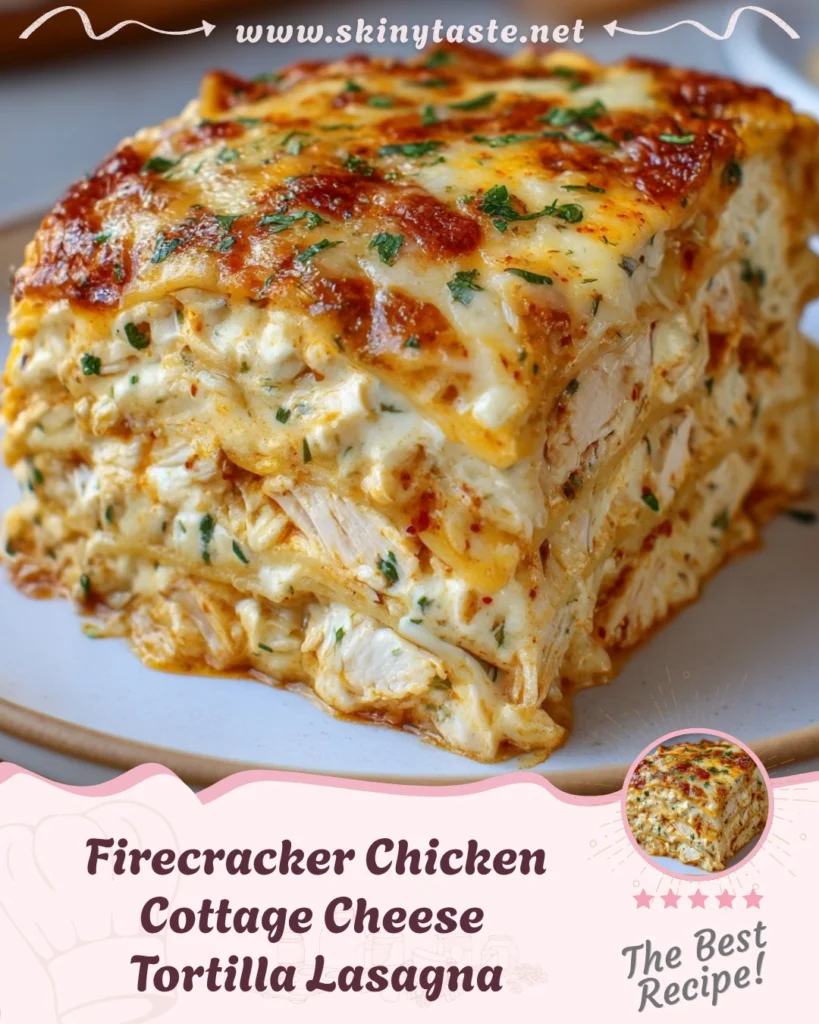 Firecracker Chicken Cottage Cheese Tortilla Lasagna Firecracker Chicken Cottage Cheese Tortilla Lasagna is the kind of bold, creamy, oven-baked comfort food that instantly wins over a hungry table. With layers of tender shredded chicken, rich cottage cheese, and melty mozzarella tucked between soft tortillas, every bite delivers heat, creaminess, and that irresistible golden top that makes this dish feel both indulgent and easy. It is a weeknight-friendly dinner that looks impressive, tastes deeply satisfying, and comes together with simple ingredients you probably already have on hand. Why You’ll Love This Recipe This recipe hits that perfect balance between comfort food and high-protein simplicity. It feels indulgent, yet it is surprisingly practical for everyday cooking. Rich, creamy texture without heavy sauces High in protein thanks to chicken and cottage cheese Simple ingredients and minimal prep Perfect for meal prep or family dinners Customizable spice level depending on your taste Bakes into clean, sliceable layers The firecracker-style seasoning gives it just enough kick to keep things interesting, while the cheese and tortillas mellow everything into a cozy, satisfying dish. Kitchen Equipment You’ll Need Before diving into the recipe, it helps to have everything ready. This dish is simple, but the right tools make the process smoother and more enjoyable. Medium mixing bowl for the filling Spoon or spatula for mixing Baking dish or oven-safe skillet (8–9 inch works best) Knife and cutting board (if prepping chicken fresh) Measuring cups and spoons Oven Having your baking dish lightly greased and ready to go makes layering quick and stress-free. Ingredients Main Ingredients 2 cups cooked shredded chicken 3/4 cup cottage cheese 1/2 cup shredded mozzarella 1/3 cup grated Parmesan 1 teaspoon paprika 1/2 teaspoon black pepper 3–4 medium flour tortillas Optional: pinch of chili flakes for extra heat Optional Add-Ins and Swaps Add a drizzle of hot sauce for more “firecracker” flavor Swap mozzarella for a cheddar blend for sharper taste Use whole wheat tortillas for a heartier version Add a spoon of cream cheese for extra richness Toss in chopped spinach for a veggie boost With your ingredients ready, it is time to bring everything together into those rich, layered textures. Step-by-Step Instructions Preheat your oven to 375°F and lightly grease your baking dish. In a mixing bowl, combine cottage cheese, mozzarella, Parmesan, paprika, and black pepper. Stir until smooth and creamy. Fold in the shredded chicken, making sure every piece is coated in the creamy mixture. Place one tortilla at the bottom of the dish. Spread a layer of the chicken mixture evenly on top. Continue layering tortillas and filling, pressing gently to keep the layers compact. Finish with a final tortilla layer and sprinkle a little extra cheese on top if desired. Bake for 20 to 25 minutes, until the top is golden and bubbling. Let the lasagna rest for about 5–10 minutes before slicing. This helps the layers set and makes serving easier. The result is a beautifully layered dish with a creamy center and lightly crisped edges. Pro Tips for Best Results Use rotisserie chicken to save time and add flavor Do not overfill layers to keep slices neat Let it rest before cutting for clean slices Add spice gradually if serving a mixed crowd Lightly toast tortillas beforehand for extra structure These small details make a big difference in texture and overall presentation. Serving Suggestions This dish is satisfying on its own, but pairing it with the right sides can elevate your meal even further. Serve it with a crisp green salad for freshness. The contrast between the creamy lasagna and crunchy greens works beautifully. Roasted vegetables like broccoli or carrots complement the richness without overpowering it. If you enjoy a bit of heat, serve with a side of hot sauce or a light drizzle over each slice. For a casual dinner, slice it into squares and serve it almost like a casserole. For gatherings, plate it neatly with a sprinkle of fresh herbs. Creative Variations to Try Spicy Firecracker Boost If you love heat, take this recipe up a notch by adding chili flakes, diced jalapeños, or a splash of hot sauce into the filling. This intensifies the “firecracker” effect and gives each bite a bold kick. The creaminess of the cheese helps balance the spice, so it never feels overwhelming. Cheesy Comfort Version For a more indulgent twist, increase the cheese content by mixing in extra mozzarella or adding a layer of cheddar between tortillas. This creates a richer, more gooey texture that leans into classic comfort food territory. Low-Carb Alternative Swap tortillas for thin layers of grilled zucchini or low-carb wraps. This keeps the structure of the dish while reducing carbs, making it a lighter option without sacrificing flavor. Veggie-Loaded Upgrade Add sautéed onions, bell peppers, or spinach into the chicken mixture. These ingredients bring color, texture, and added nutrients while blending seamlessly into the creamy base. Creamy Ranch Twist Mix in a teaspoon of ranch seasoning for a tangy, herby flavor that pairs beautifully with chicken and cheese. It transforms the dish into a slightly different but equally addictive version. Each variation allows you to tailor the dish to your taste while keeping the core structure intact. Storage and Reheating Store leftovers in an airtight container in the refrigerator for up to 4 days. The flavors actually deepen over time, making it even more delicious the next day. To reheat, use the oven at 350°F for about 10–15 minutes to maintain the texture. A microwave works for quick reheating, but the edges will be softer. You can also freeze portions for up to 2 months. Thaw overnight in the fridge before reheating for best results. Why This Recipe Works So Well The magic of this recipe lies in its balance. Cottage cheese creates a creamy texture without heaviness, while mozzarella and Parmesan add depth and melt. The tortillas act as soft layers that soak up flavor while still holding structure. The seasoning keeps things simple but effective. Paprika adds warmth, and black pepper provides subtle heat. When baked together, everything melds into a cohesive dish that feels both comforting and exciting. It is also incredibly forgiving. You can adjust ingredients, swap proteins, or add vegetables without losing the essence of the recipe. Meal Prep and Make-Ahead Tips This recipe is perfect for planning ahead. You can assemble the entire dish a day in advance, cover it, and store it in the refrigerator. When ready to bake, simply place it in the oven and add a few extra minutes to the cooking time. For meal prep, slice into portions and store individually. This makes it easy to grab a quick lunch or dinner during busy days. You can even double the recipe and freeze one for later. It is a great way to have a homemade meal ready without extra effort. FAQs Can I use canned chicken? Yes, canned chicken works in a pinch. Just drain it well and break it apart before mixing. Is cottage cheese necessary? It is key for the creamy texture, but you can substitute ricotta if preferred. How spicy is this dish? It is mildly spiced as written. You can easily adjust the heat level by adding or reducing spices. Can I make this gluten-free? Yes, simply use gluten-free tortillas. Can I add sauce? Absolutely. A light layer of tomato or creamy sauce can be added for extra moisture and flavor. Final Thoughts Firecracker Chicken Cottage Cheese Tortilla Lasagna is one of those recipes that feels comforting, flavorful, and practical all at once. It is easy enough for a weeknight but satisfying enough to serve when you want something a little special. The creamy layers, golden top, and bold seasoning make it a dish people remember and request again. Whether you stick to the classic version or try one of the variations, it is a recipe that delivers every time.