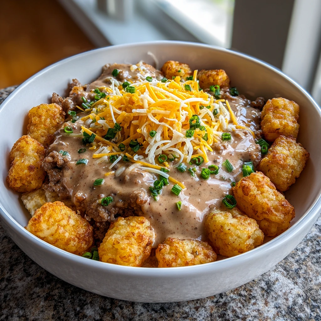 Tater Tot Breakfast Bowl with Gravy Easy 4 Servings Family Favorite 9 Tater Tot Breakfast Bowl with Gravy